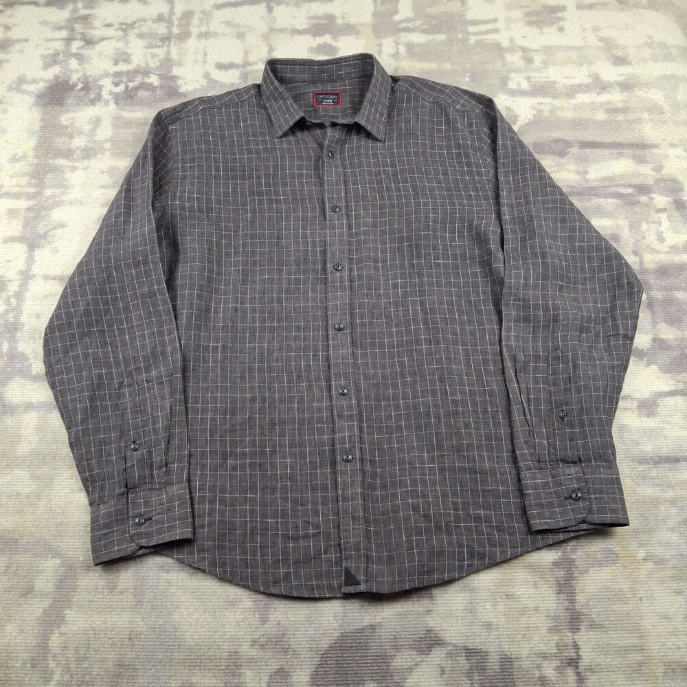 UNTUCKit Long Sleeve Linen Shirt Men XL Gray Windowpane Plaid Casual Top